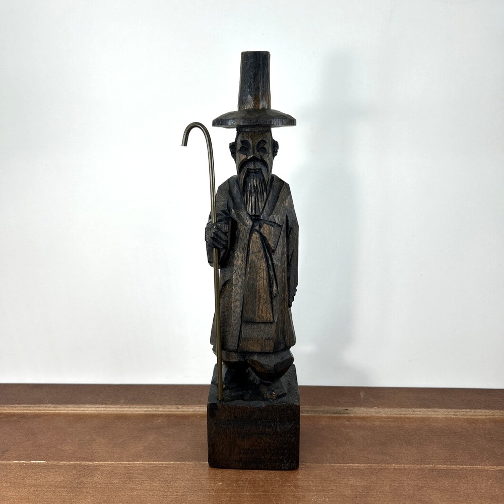 Vintage‎ Hand Carved Wooden Wise Man Statue With Cane 10" Tall Folk Art Figurine